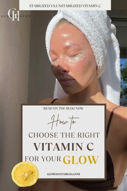 Woman with glowing skin wearing a towel and eye patches, used as a Pinterest pin illustration for a blog post about choosing the right Vitamin C serum for glowing skin.
