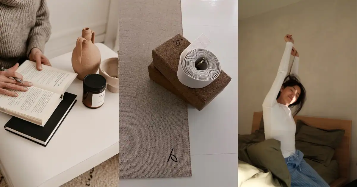 Calm self care habits including journaling, gentle movement, and slow mornings