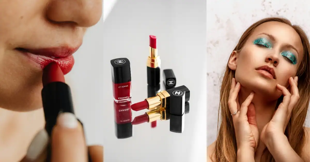 Makeup trends for 2026 showing bold lip color, lipstick details, and expressive shimmer eye makeup