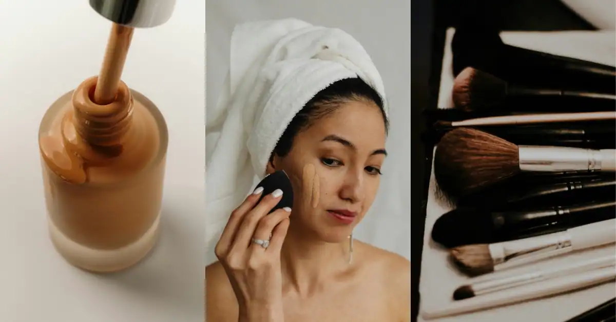 Picture of a woman applying makeup foundation for winter makeup for dry skin