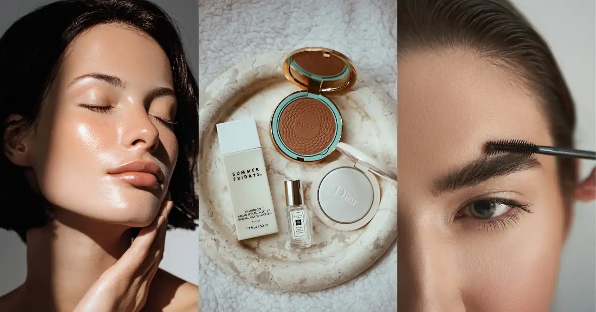 Three images side by side: a woman with glowing, radiant skin; a flat lay of makeup products; and a woman brushing through her eyebrows with a spoolie.