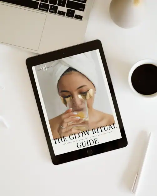 Lifestyle flat lay with tablet displaying The Glow Ritual Guide by Glowhaven