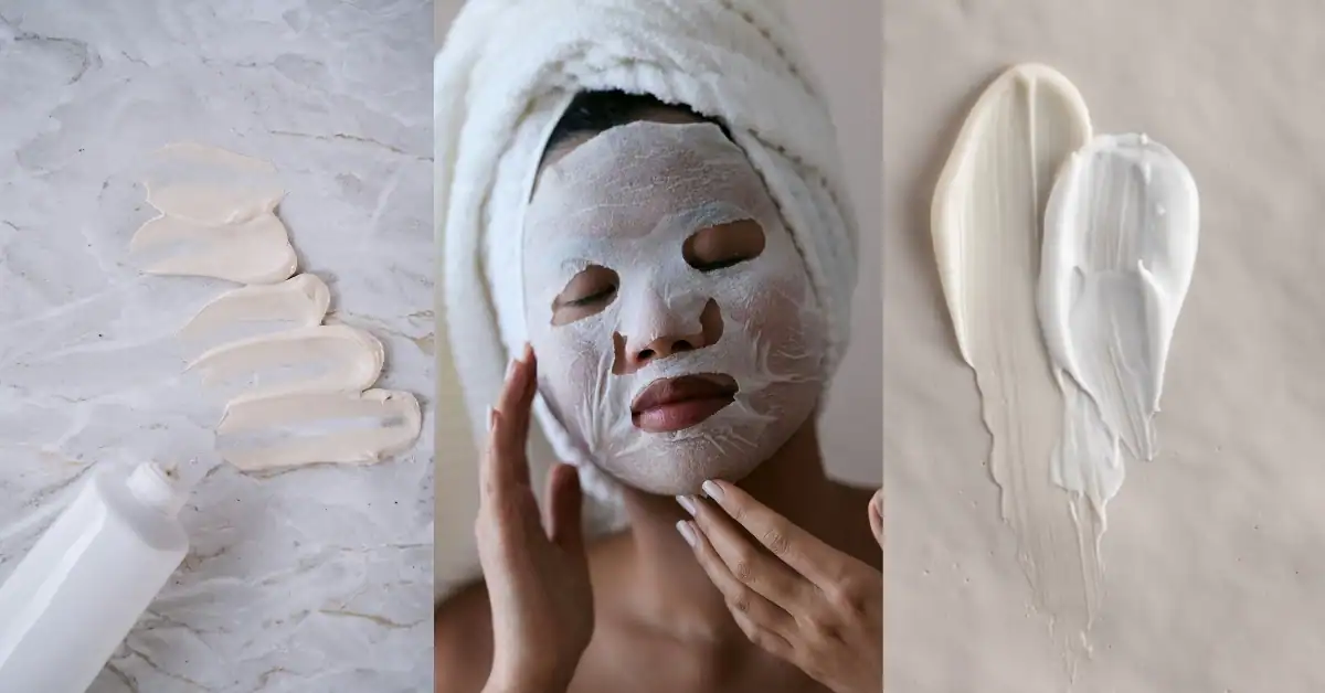 Nice choice! That fits your blog aesthetic perfectly. Here's the alt text: "Close-up of skincare cream textures and a woman with a face mask — prebiotics for skin, probiotics and postbiotics in skincare