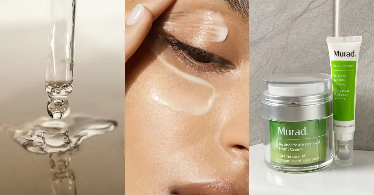 Retinal vs retinol skincare ingredients shown with serum texture, eye area application, and retinoid night cream packaging