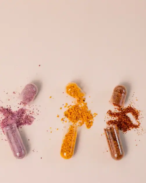 Different supplement powders including collagen and vitamins for skin health