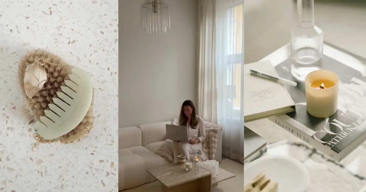 Woman working on her laptop building a beauty blog with a cozy workspace and candle