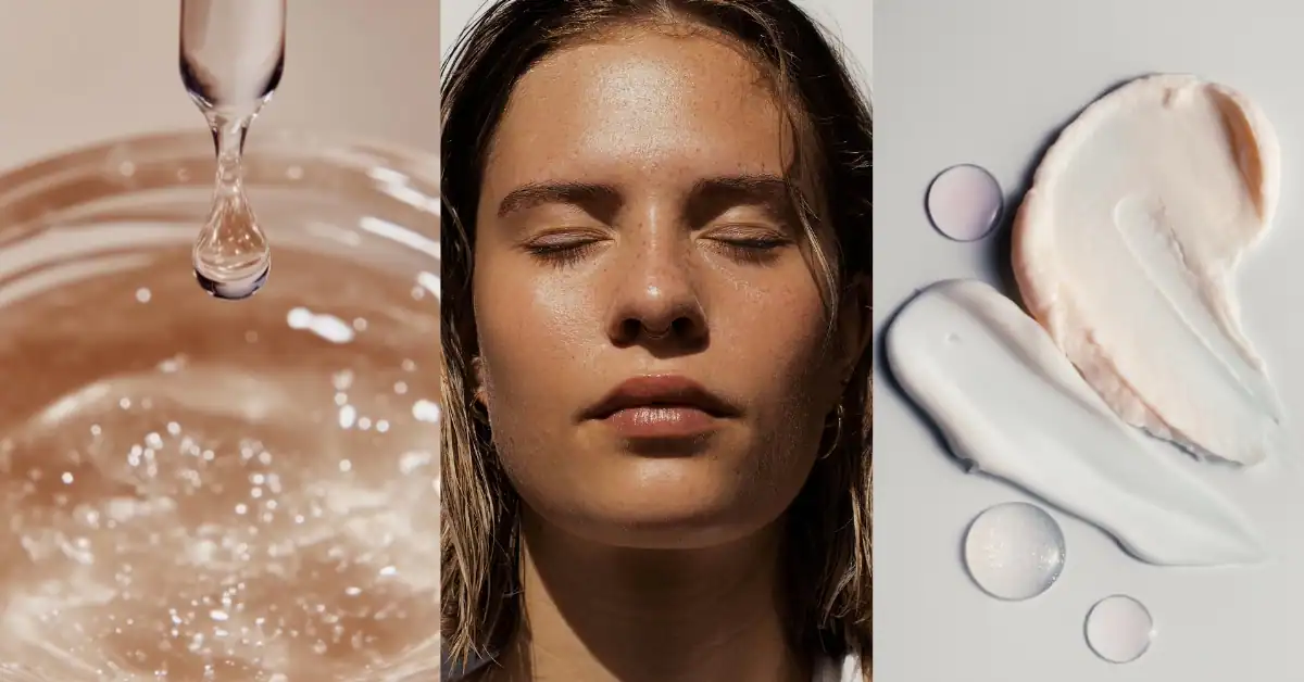 Skincare serum, glowing skin, and cream textures showing niacinamide skincare benefits