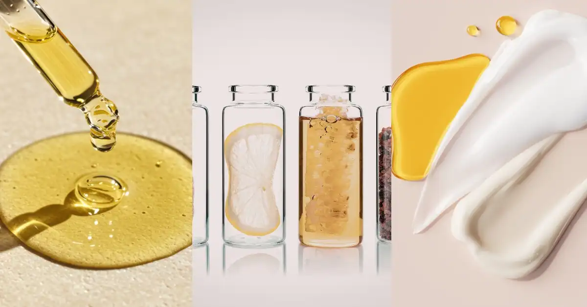 Different skincare ingredients and cosmetic textures used in skincare products