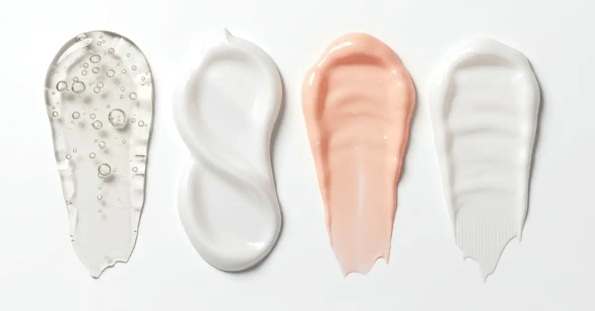 Different skincare textures showing toner, serum, and moisturizer for morning and night skincare routine