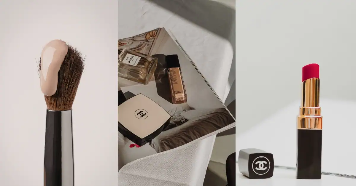 Foundation, mascara brush, and lipstick showing how to choose the right makeup products