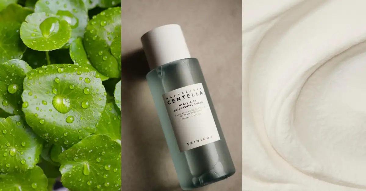 Cica skincare ingredients showing tiger grass plant and Skin1004 centella asiatica product