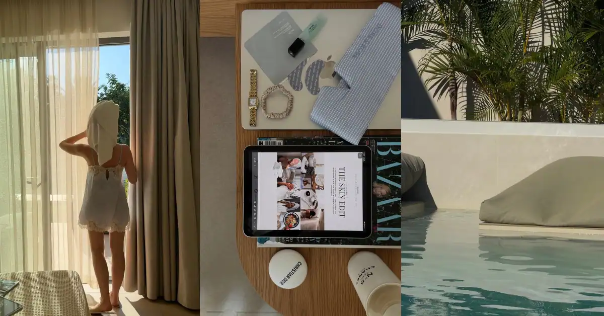 Ida Kojo in Greece, The Skin Edit skincare guide on an iPad, and a pool with palm trees.